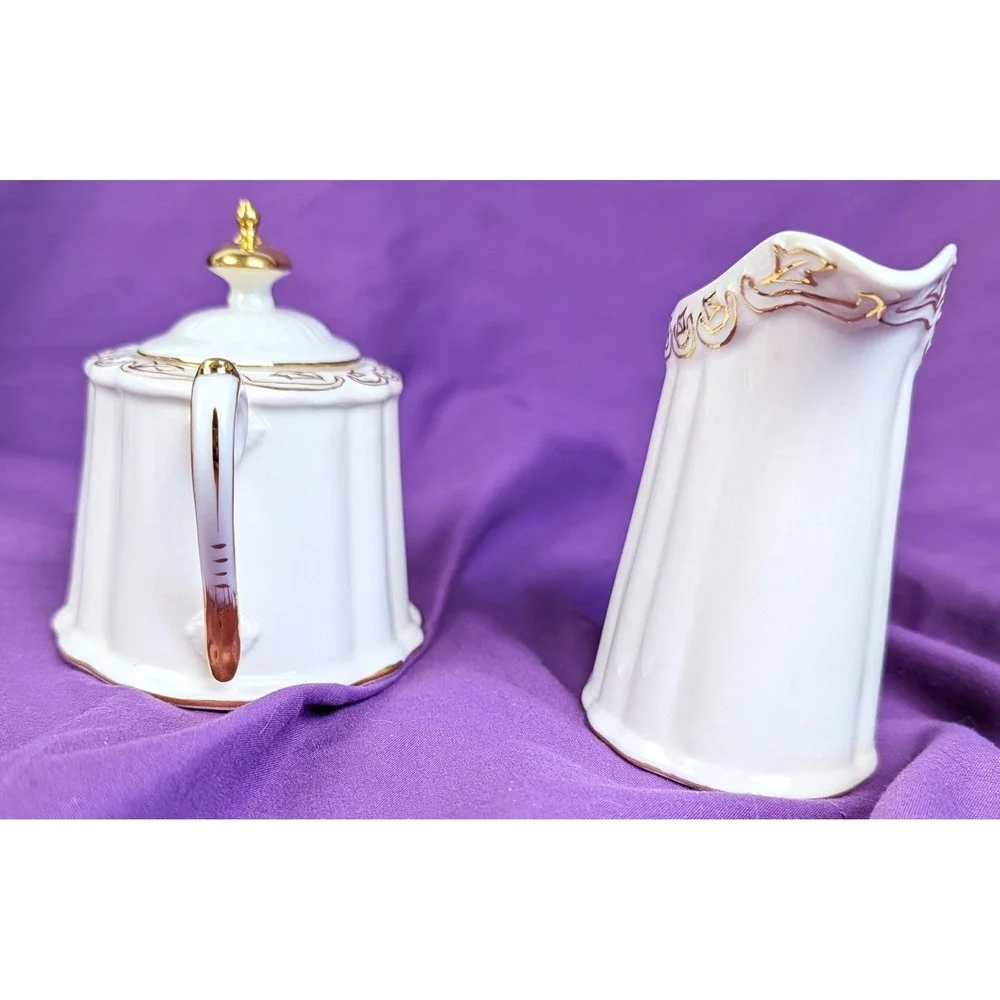 Olympia Creamer & Sugar Bowl With Lid Set White With gold trim Ribbed Oval NIB